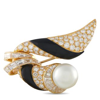 Mauboussin 18K Yellow Gold 4.50ct Diamond, Onyx, Pearl Brooch MB01-042226