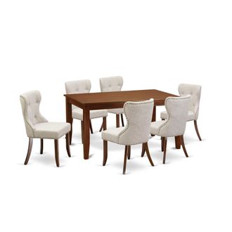 East West Furniture A kitchen dining table set of 6 excellent parson chairs using Linen Fabric Doeskin color and a fantastic rectangle wooden table
