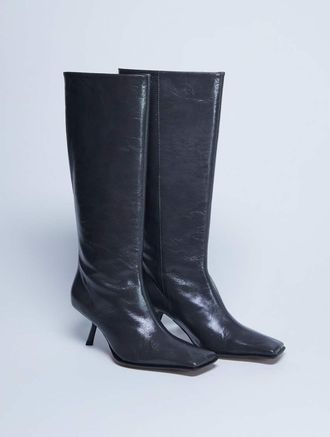 Topshop Scarlett - Stivali al ginocchio premium a punta quadrata in pelle grigi-Grigio