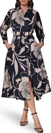 DKNY Floral Long Sleeve Fit & Flare Shirtdress in Black/oat Multi at Nordstrom, Size 16