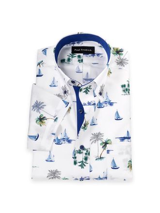 Paul Fredrick Tailored Fit Non-iron Cotton Novelty Short Sleeve Dress Shirt With Contrast Trim