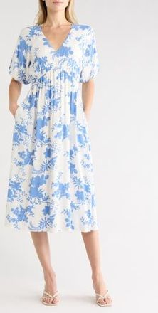 West K Empire Waist Midi Dress in White Blue Floral at Nordstrom Rack, Size X-Small