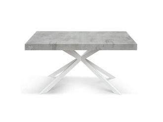 Konte Design Mesa de madera, acabado cemento, base blanca x, extensible 140x90