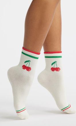 Stems Cherry Metallic Stripe Grippy Crew Socks in Ivory at Nordstrom