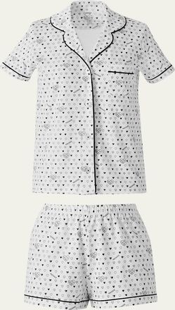 Mackage x Roller Rabbit Womens Heart-Print Cotton Short Sleeve Polo Pajama Set, Size XXS - XL