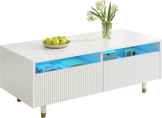 STILVORA Mesa De Centro Con 2 Cajones Y Led 7 Colores, Frente Ondulado, Patas Madera Maciza Oro-blanco, Mdf, Blanco