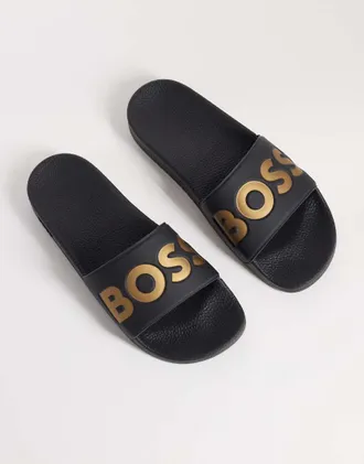 HUGO BOSS BOSS Black sliders con stampa logo neri e oro-Nero
