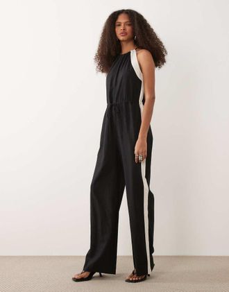 Mango Tuta jumpsuit in misto lino nera con riga laterale-Nero