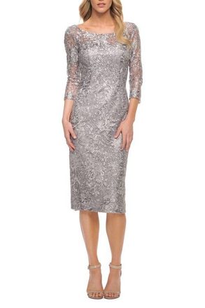 La Femme Fitted Metallic Lace Below-the-Knee Dress in Silver at Nordstrom, Size 14