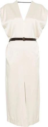 Brunello Cucinelli V-neck Midi Jurk - Dames - Casual kleedjes - Beige - S - Kleedjes