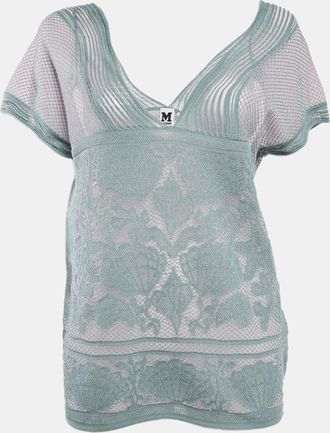 M Missoni Ice Blue Lurex Textured Knit V-Neck Top