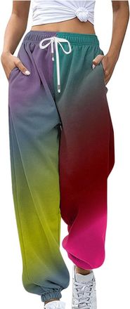 Generic Loose Fit Casual Drawstring Seasonal Pants, Tracksuit Bottoms Women Fashion Color Blocking Gradient Pants Casual Pants Side Pockets Casual Elasticated