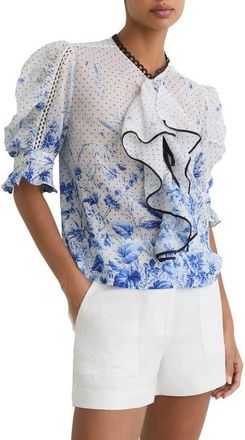 Reiss Minni Floral Ruffle Top in Ivory/Blue at Nordstrom, Size 14 Us