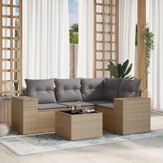 vidaXL Juego De Sof&aacute;s Jard&iacute;n Con Cojines 5 Pzas Rat&aacute;n Sint&eacute;tico Beige Vidaxl