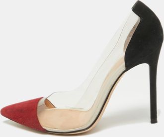Gianvito Rossi Burgundy/black Suede And Pvc Plexi Pointed Toe Pumps