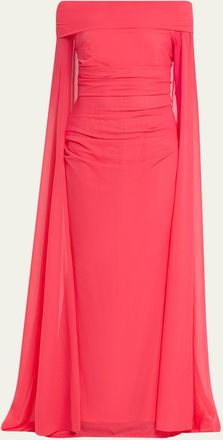 Talbot Runhof Ruched Off-The-Shoulder Mesh Cape Gown