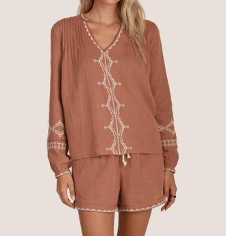 Dylan Isabelle Tunic Top With Embroidery In Dark Amber