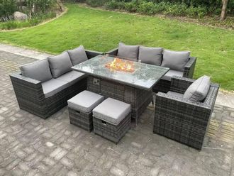 Fimous Rattan Garden Furniture Sofa Set Outdoor Patio Gas Fire Pit Dining Table Gas Heater Burner Small Stools in Dark Grey