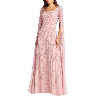 Mac Duggal Petite Embellished Cape Sleeve A-Line Mesh Maxi Gown in Rose at Nordstrom, Size 12P