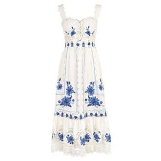 Farm Rio FARM Rio, Midi Dresses, female, White, Size: L Square-neck Linen-blend Dress