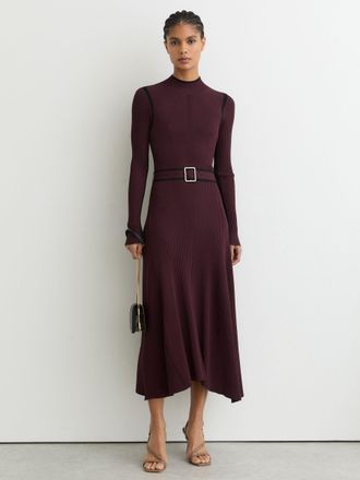 Reiss Burgundy & black Colour-block Rib-knit Midi Dress, XL