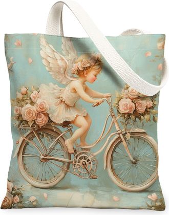 Generic Vintage Romantic Canvas Tote Bags, Angel Floral Bike Pattern Reusable Grocery Bags, Lightweight Washable Shoulder Strap Canvas for Travel Beach Picnic