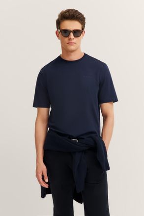 Bugatti T-Shirt BUGATTI Basic Essential, Herren, Gr. 4XL, blau (390, navy), 100% Baumwolle, unifarben, normal, Rundhals, gerader Abschluss, Shirts T-Shirt, au