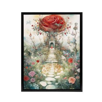 Artery8 Alice in Rose Garden at Wonderland Framed Canvas Wall Art Print | Size: W24 x H32