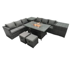 Fimous Rattan Garden Furniture Firepit Dining Set 8 Seater Lounge Sofa Table Set with 2 Small Footstools in Dark Grey