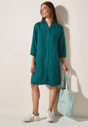 Cecil Blusenkleid CECIL, Damen, Gr. XS (36), N-Gr, gr&uuml;n (gr&uuml;n lagoon), Web, Obermaterial: 100% Leinen, unifarben, weit knielang, V-Ausschnitt, 1-Knopf-Mansc