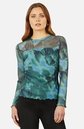 Yumi Long Sleeve Floral Mesh Top in Green at Nordstrom, Size 12