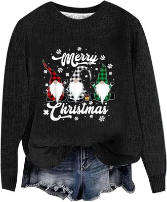 Generic Christmas 2025 Knitted for Women Santa Funny Tops Xmas Pattern Pullover Sweatshirt Casual Long Sleeve Sweater (b-Black, M)