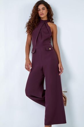 Roman Pleated Halter Neck Wide Leg Stretch Jumpsuit