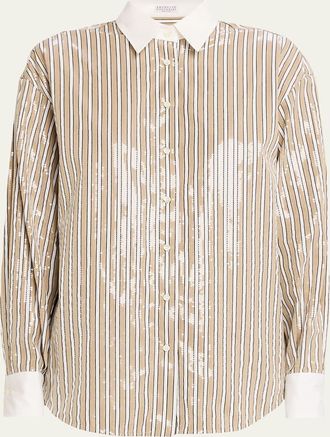 Brunello Cucinelli Sequined Striped Cotton Button-Down Shirt