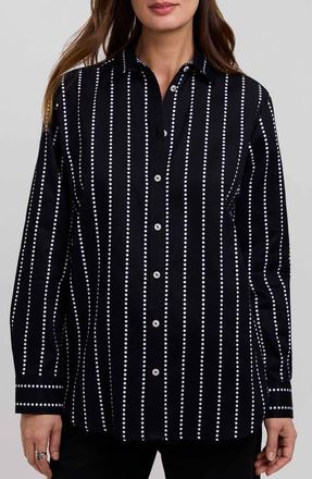 Foxcroft Dot Stripe Boyfriend Button-Up Shirt in Black/white at Nordstrom, Size X-Small