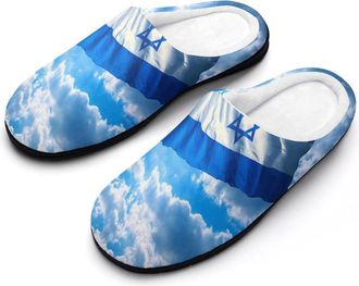 Generic Israel Independence Day Cotton Slippers for Women Memory Foam Comfy House Shoes with Anti-Skid Rubber Sole