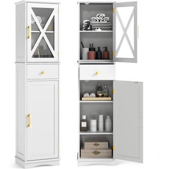 Costway Freestanding Narrow Storage Cupboard Bathroom Tall Cabinet-White