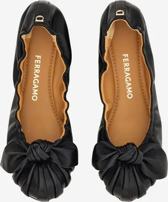 Ferragamo Womens Nappa Leather Ballerina Flats With Bow Black Lamb (ovis Aries Aries)