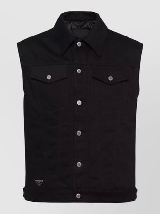 Prada denim sleeveless jacket straight collar pockets