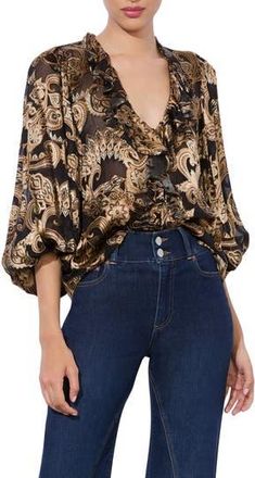 Alice & Olivia Betsie Print Ruffle Top in Spring Paisley Black at Nordstrom Rack, Size Large