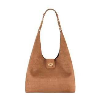 Elisabetta Franchi Shoulder Bags, female, Brown, Size: ONE SIZE Hobo Bag with Croc Effect and Gold Chains