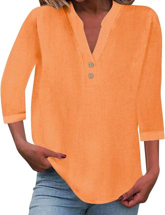 Generic Womens Cotton Linen Shirt Blouse Button Down V Neck Womens 3/4 Sleeve Tops Solid Color Casual Summer Shirts Lightweight Loose Fit Ladies Tunic Tops Ro