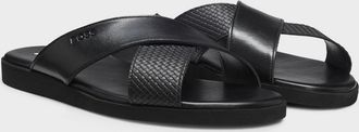 HUGO BOSS Mens BOSS Orange Darrel Mens Faux-Leather Slides with Plain and Patterned Straps - Black 001 - Size: 10