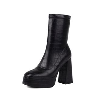 Generic Womens Ankle Boots With Crocodile Embossed Texture Chunky Block Heels Platform Sole Stretch Shaft Round Closed Toe Soft Inner Lining Durable Non-Slip 