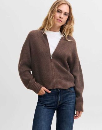 Jack & Jones Maeve cardigan lavorato a maglia a costine, vestibilit&agrave; ampia, girocollo, marrone