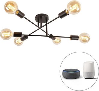 QAZQA Industrial Plaf&oacute;n Inteligente Negro 6 Luces Con Wifi G95 - Sydney Acero Redonda Adecuado Para Led Max. 6 X 4.9 Watt - Qazqa