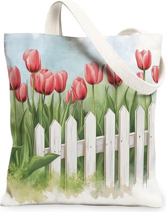 Generic Spring Tulip Fence Flower Canvas Tote Bag for Shopping 13x15, Farmhouse Cute Floral Reusable Grocery Print Pattern Bag for Women, Fun Country Beach Ae