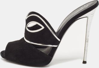 Giuseppe Zanotti Black/silver Suede And Leather Peep Toe Mules
