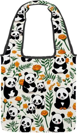 Generic Cute Panda Pattern Reversible Canvas Shoulder Tote - Double-Sided Print, 12oz Cotton, 27cm Drop, Fold-Flat Bag for Travel, Shopping, Street Outings