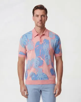 Lords of Harlech Monstera Floral Mens Merino Silk Cashmere Polo in Monstera Floral Coral at Nordstrom, Size Xx-Large